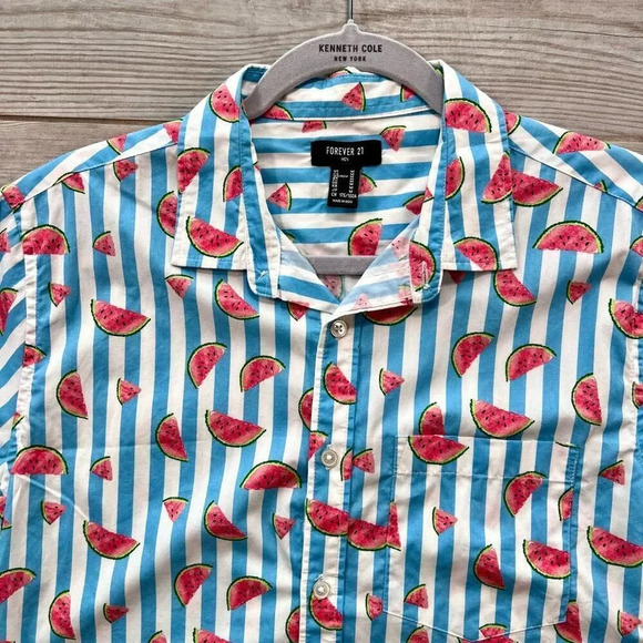 Fun Blue Striped Watermelon Print Casual Button Down Shirt Short‎ Sleeves Size M - Picture 2 of 6